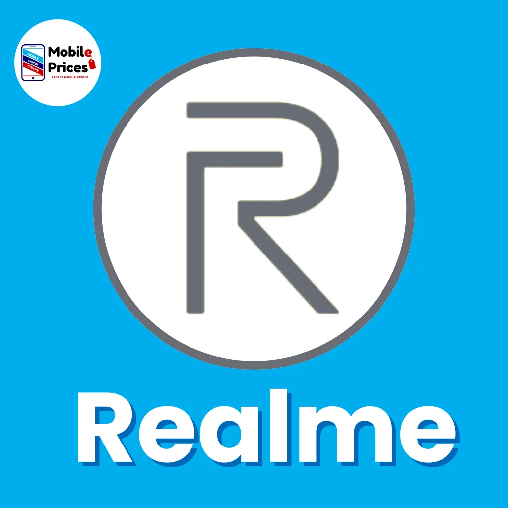 Realme Mobile brand logo on a blue background with Realme text below